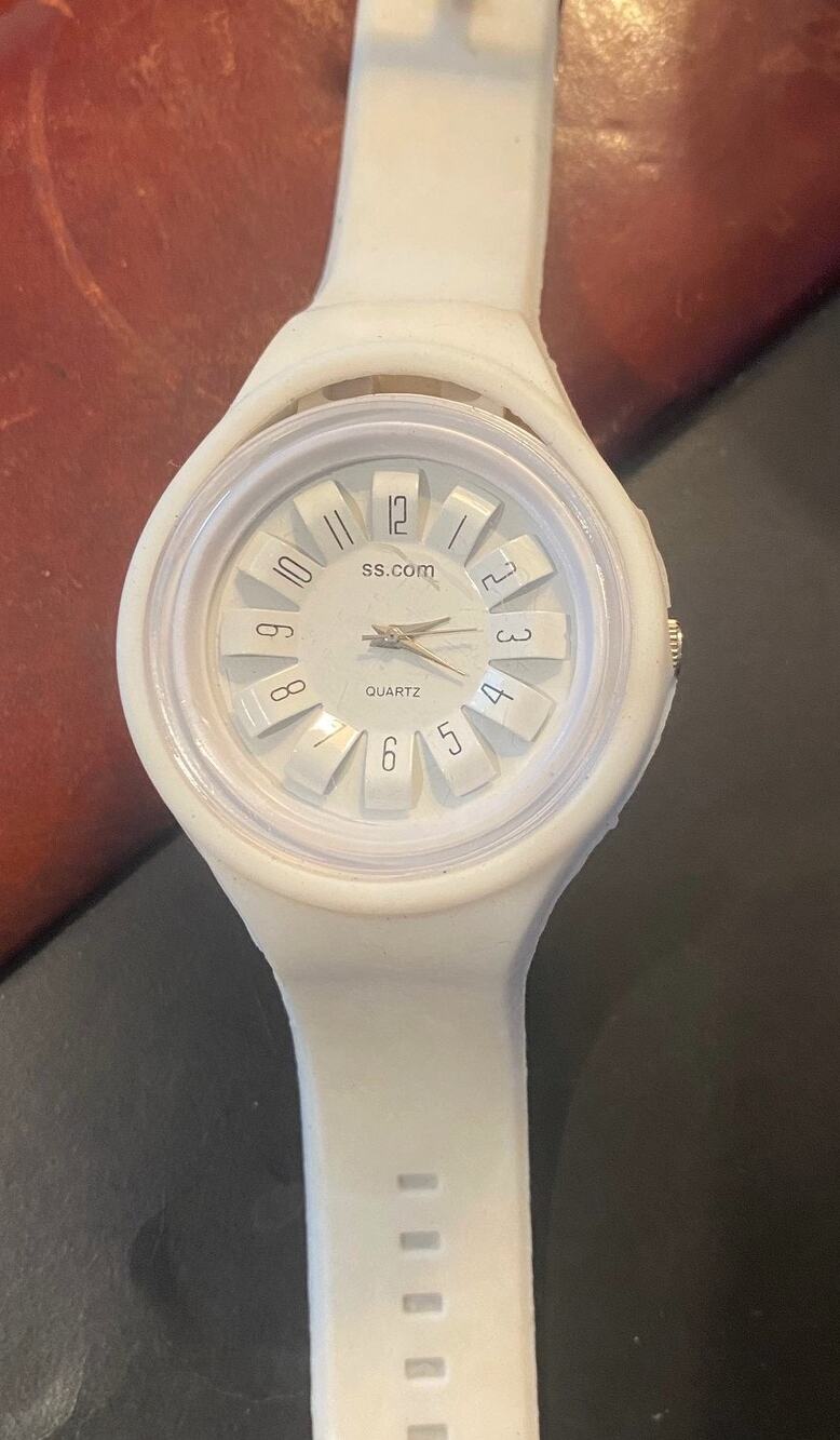 White Poly SS.Com Watch, Analog with Raised Black Numbers